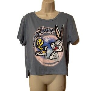 Looney Tunes Women's Crop Top T-Shirt Size XL Blue Bugs Bunny Tweety Bird NOS